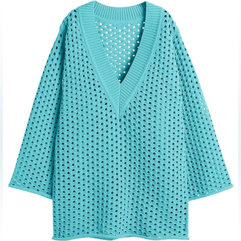 H&M Aqua Blue Open Knit Plunge Neck Oversize Stretch Tunic Coverup Dress